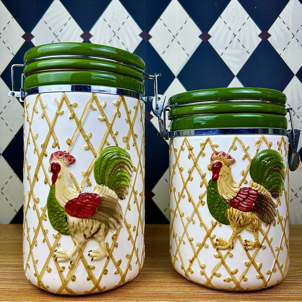 Vintage Rooster Canister Pair Ceramic Kitchen Storage Green Lids Farmhouse Décor